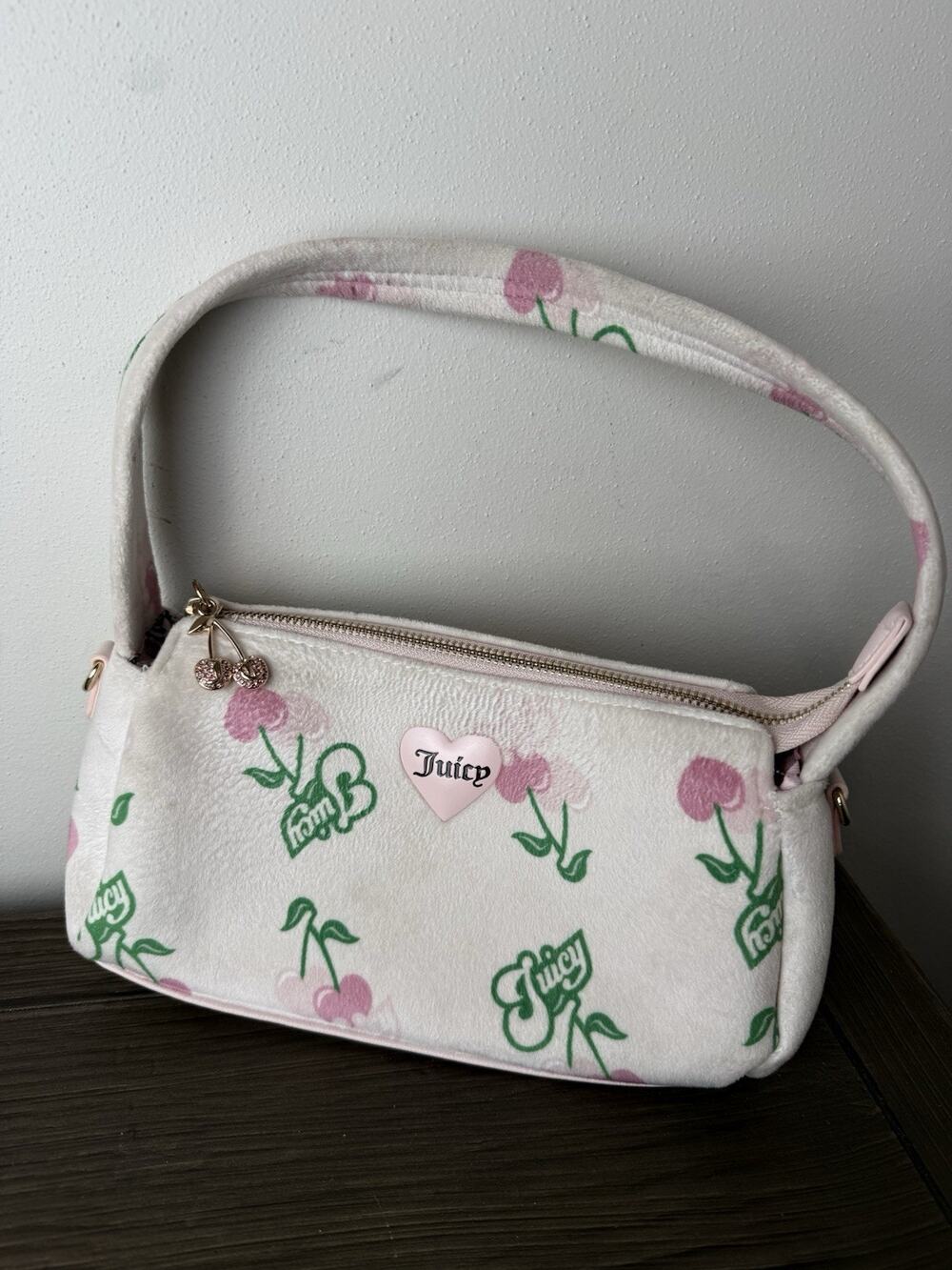 Juicy Couture Cherry Girl Shoulder Bag Soft White Pink Cherries Charm Velour
